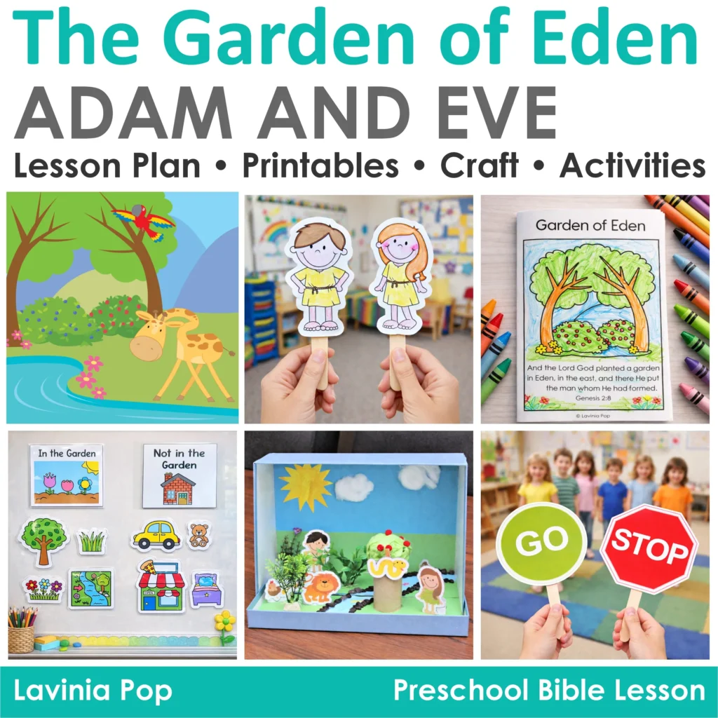 Garden of Eden Preschool Bible Lesson cover with Adam and Eve puppets, diorama, sorting activity, craft, and printable worksheets