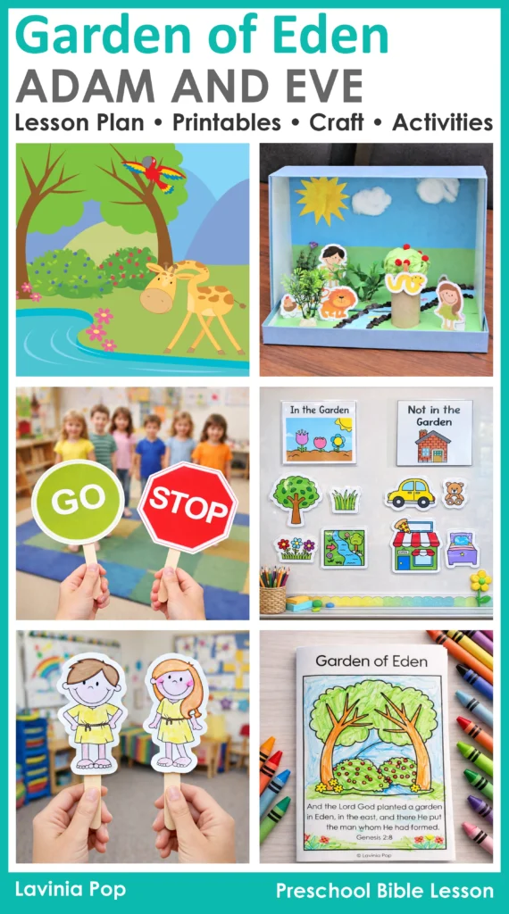 Garden of Eden Preschool Bible Lesson collage with Adam and Eve puppets, diorama story box, sorting activity, go and stop listening game, and Genesis 2:8 coloring page