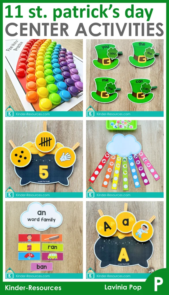 St. Patrick’s Day Centers for Preschool Morning Tubs / Bins printable literacy and math center activities rainbow fine motor letters numbers patterns sight words