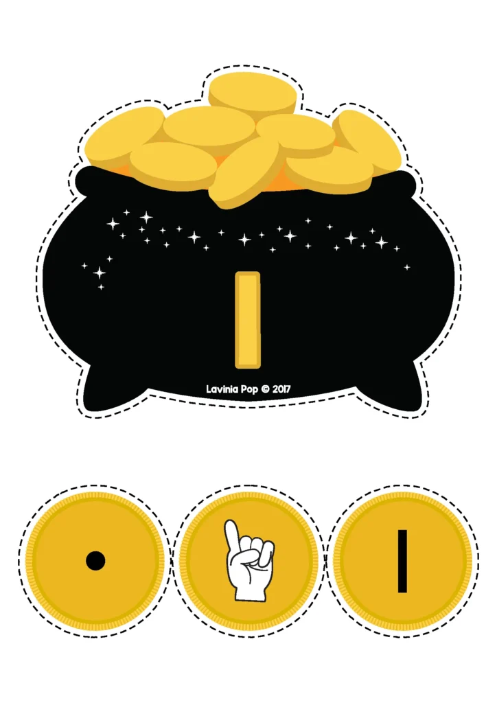 St. Patrick’s Day Preschool Centers number sense matching activity with number 1 pot of gold and counting coins preschool math center