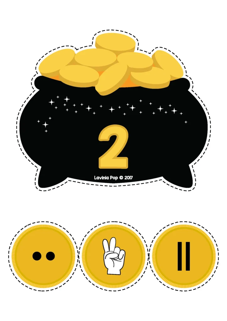 St. Patrick’s Day Preschool Centers number sense matching activity with number 2 pot of gold and counting coins preschool math center