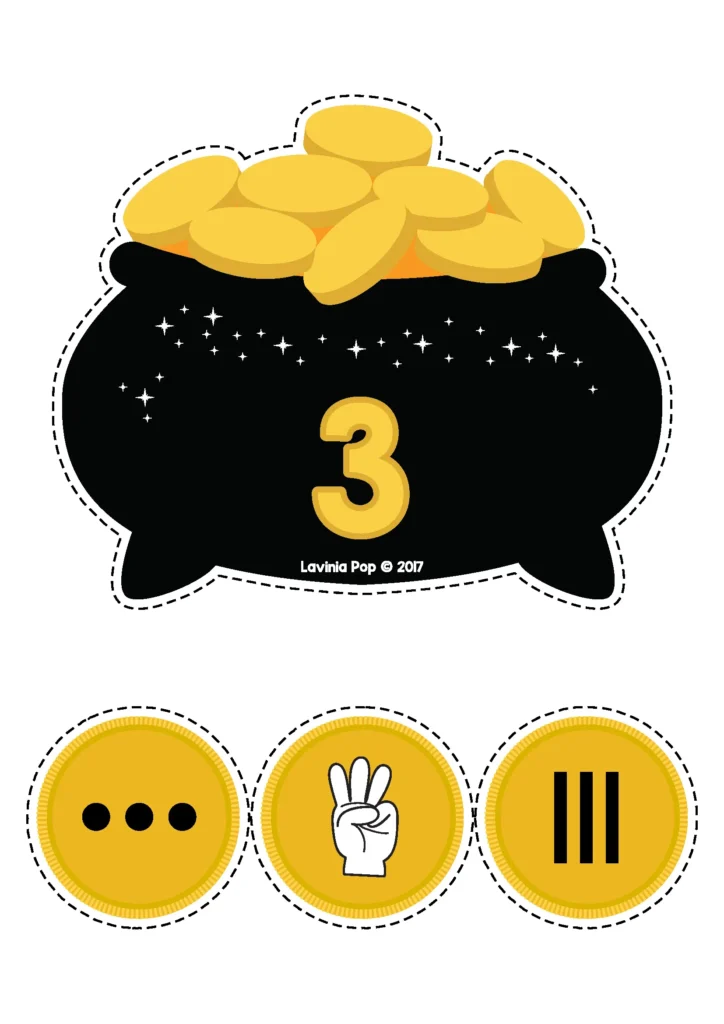 St. Patrick’s Day Preschool Centers number sense matching activity with number 3 pot of gold and counting coins preschool math center