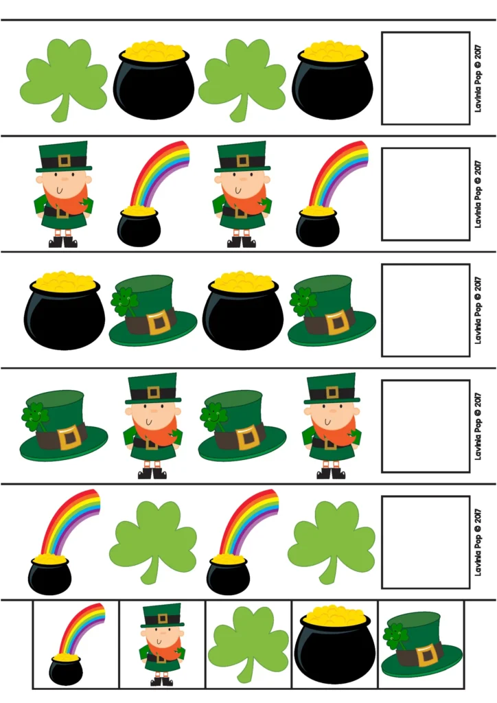 St. Patrick's Day Preschool Centers AB pattern clip cards with shamrock, rainbow, and leprechaun pattern recognition activity