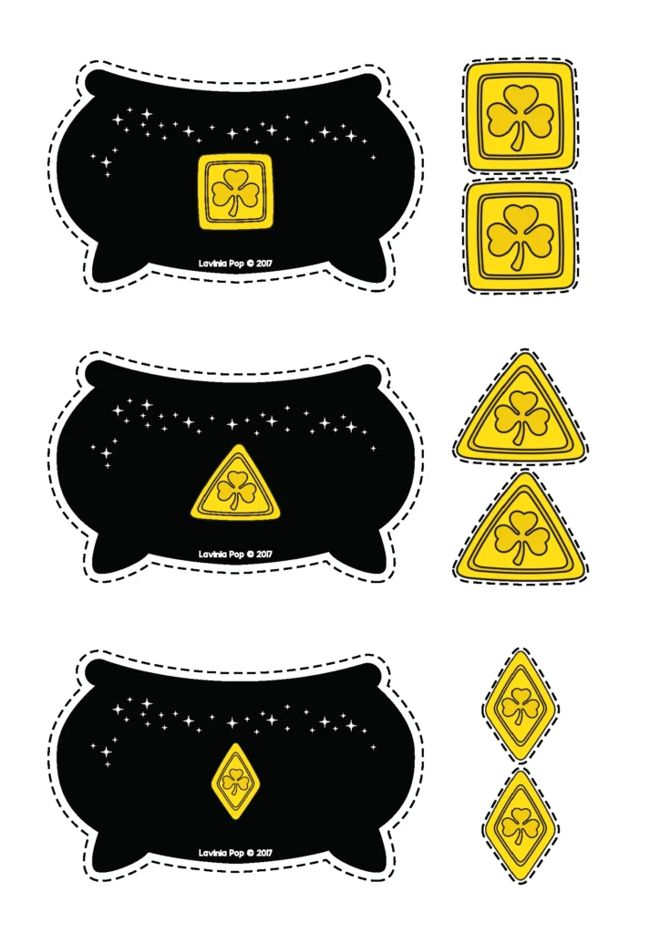 St. Patrick's Day Preschool Centers shape matching activity with pot of gold and 2D shape coin sorting cards