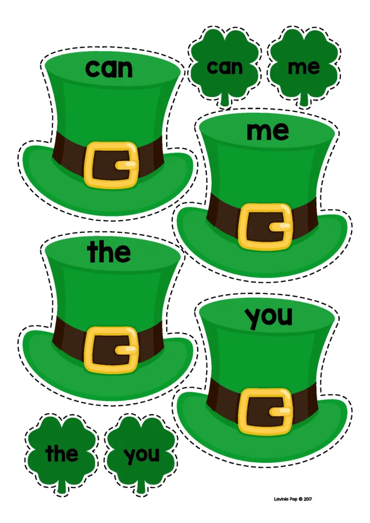 St. Patrick's Day Preschool Centers pre primer sight word matching activity with hat and shamrock cards