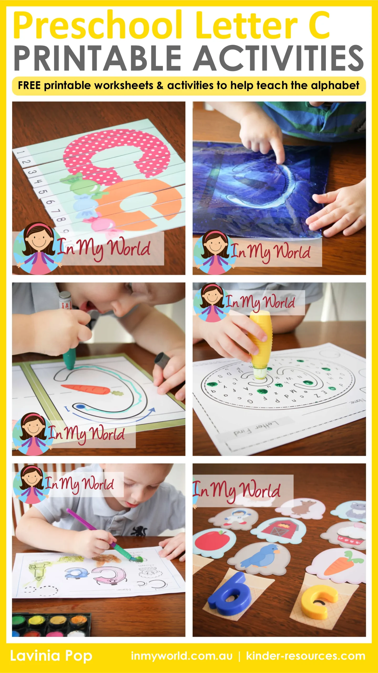 Preschool Letter C Printable Activities with free printable worksheets, beginning sounds practice, fine motor tasks, and alphabet crafts