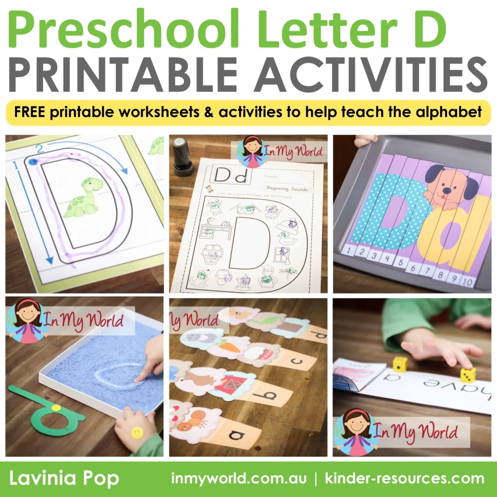Preschool Letter D Printable Activities using alphabet worksheets, sensory tracing, beginning sounds sorting, and fine motor practice
