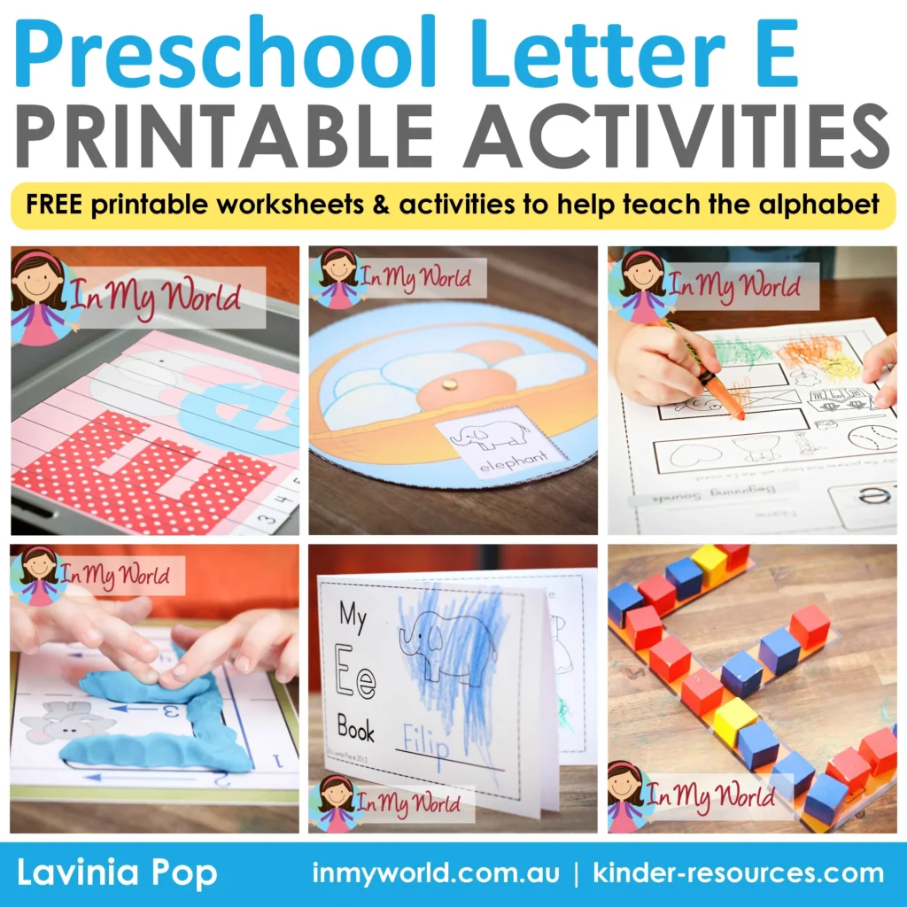 Preschool Letter E Printable Activities using alphabet mazes, letter tracing, mini books, and fine motor letter building