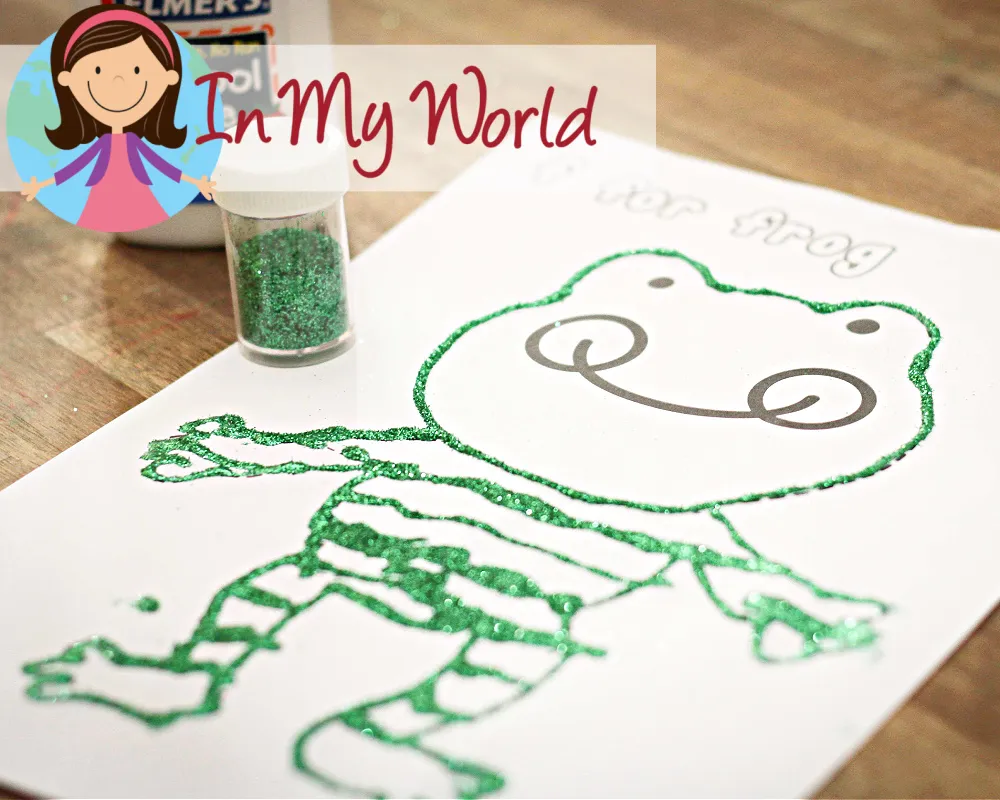 Preschool Letter F frog worksheet covered with green glitter for F is for frog alphabet activity
