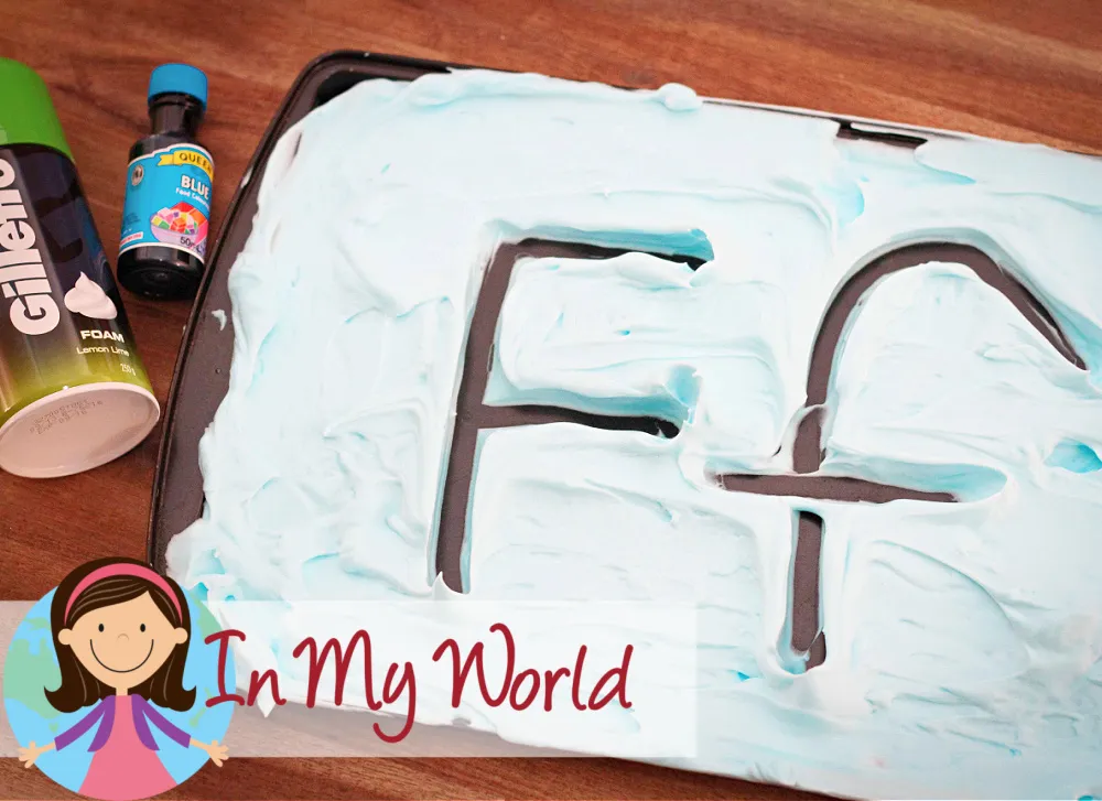 Preschool Letter F printable activities tray with shaving cream and uppercase and lowercase letter F for tactile tracing