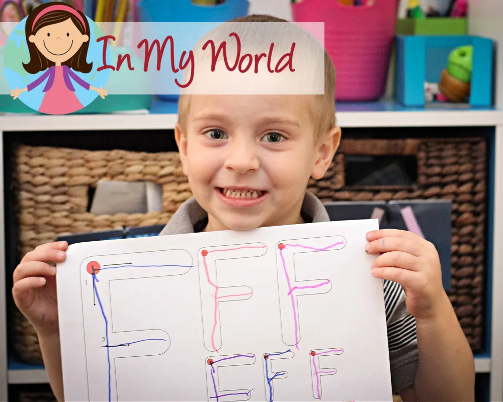 Preschool Letter F printable activities uppercase and lowercase F tracing worksheet completed by preschool child