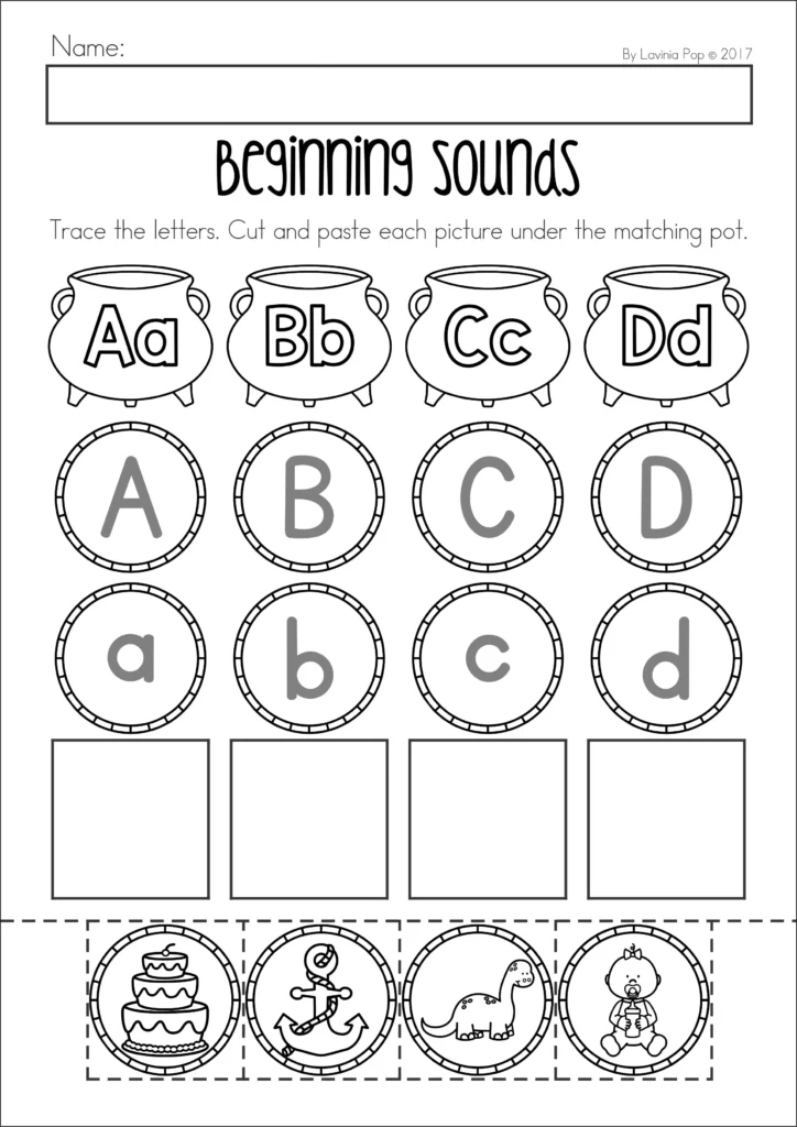 St. Patrick’s Day Preschool Worksheets and Activities No Prep beginning sounds sorting worksheet with letter pots and picture cards