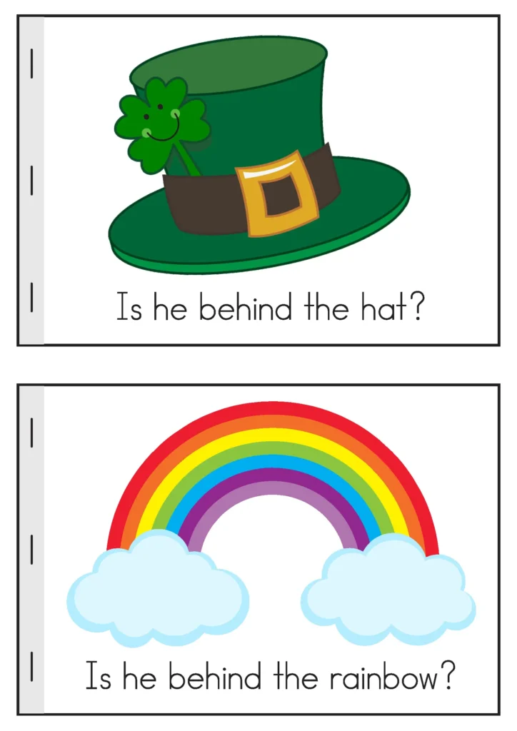St. Patrick’s Day Preschool Worksheets and Activities No Prep emergent reader color pages with leprechaun, hat, and rainbow positional question prompts