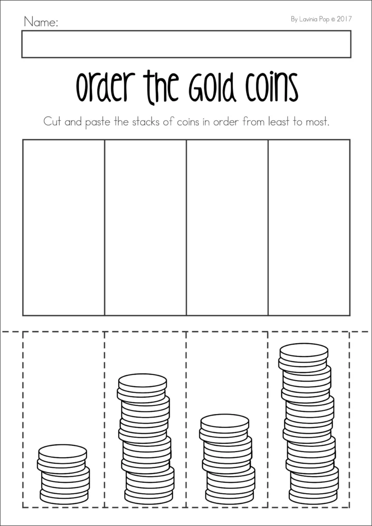 St. Patrick’s Day Preschool Worksheets and Activities No Prep cut and paste activity ordering stacks of gold coins from least to most