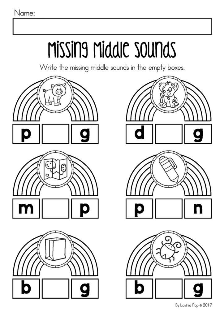 St. Patrick’s Day Preschool Worksheets and Activities No Prep middle vowel sounds worksheet with CVC word picture prompts