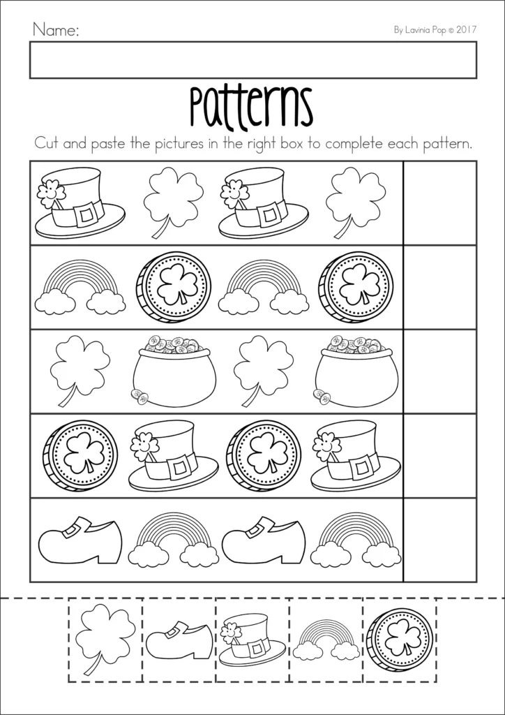 St. Patrick’s Day Preschool Worksheets and Activities No Prep AB pattern worksheet with shamrocks, hats, rainbows, and coins