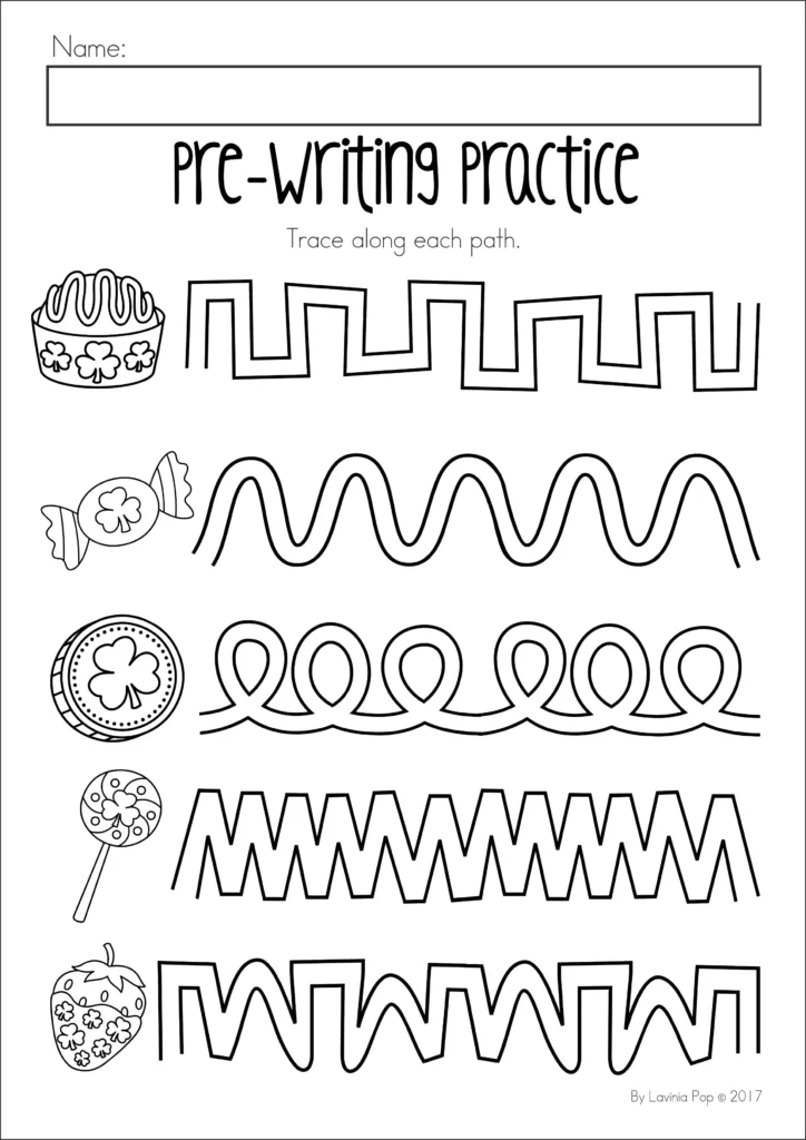 St. Patrick’s Day Preschool Worksheets and Activities No Prep tracing worksheet with zigzag, loop, and curved pre writing lines