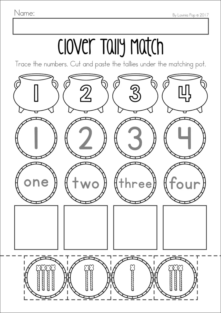 St. Patrick’s Day Preschool Worksheets and Activities No Prep number matching worksheet with pots of gold and tally marks