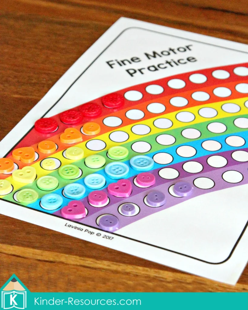 St. Patrick’s Day Centers for Preschool Morning Tubs / Bins rainbow fine motor practice mat with colorful buttons placed on circles preschool activity