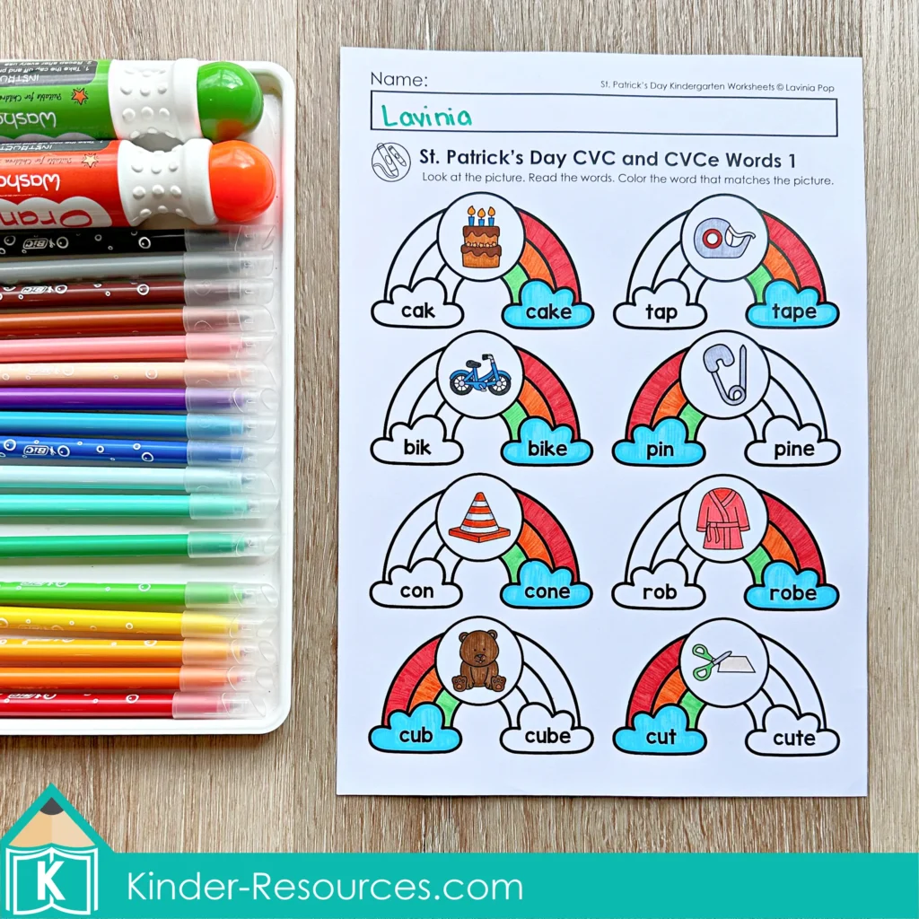 St. Patrick’s Day Kindergarten Worksheets and Activities No Prep CVC and CVCe words worksheet where students read two words and color the word that matches the picture.