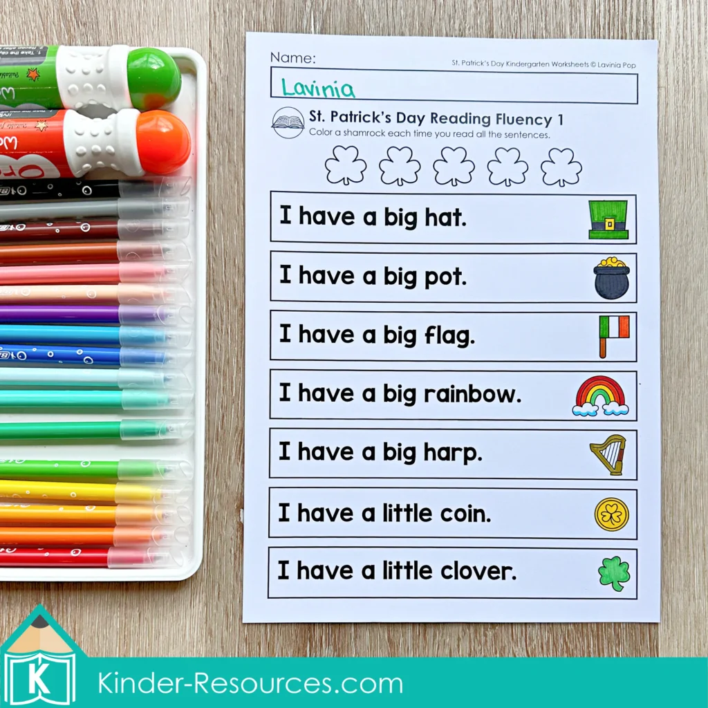 St. Patrick’s Day Kindergarten Worksheets and Activities No Prep fluency worksheet with simple sight word sentences for repeated reading practice.