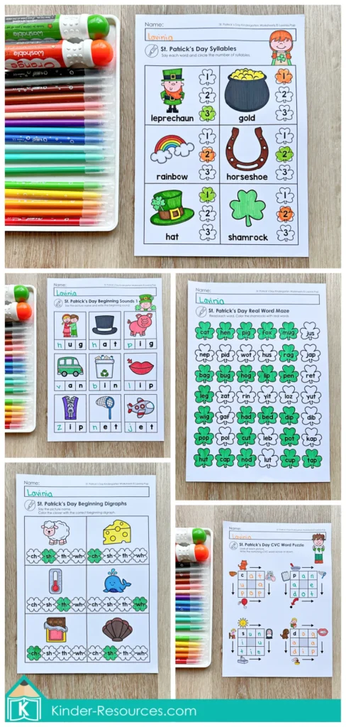 St. Patrick’s Day Kindergarten Worksheets and Activities No Prep literacy worksheets including syllables, digraphs, word mazes, labeling, and phonics activities.