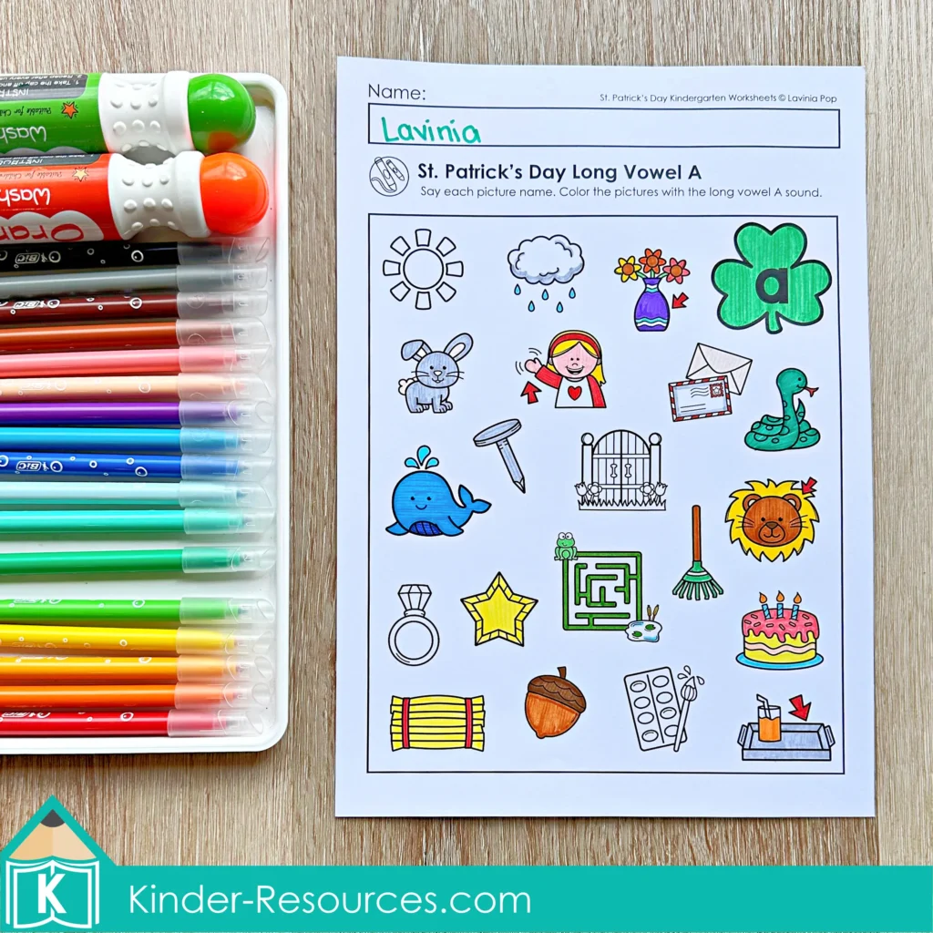 St. Patrick’s Day Kindergarten Worksheets and Activities No Prep long vowel activity where students identify and color pictures with the long vowel A sound.