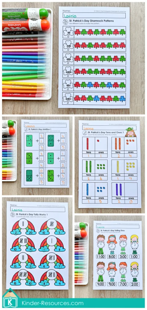 St. Patrick’s Day Kindergarten Worksheets and Activities No Prep math worksheets including addition, place value, tally marks, patterns, and telling time activities.