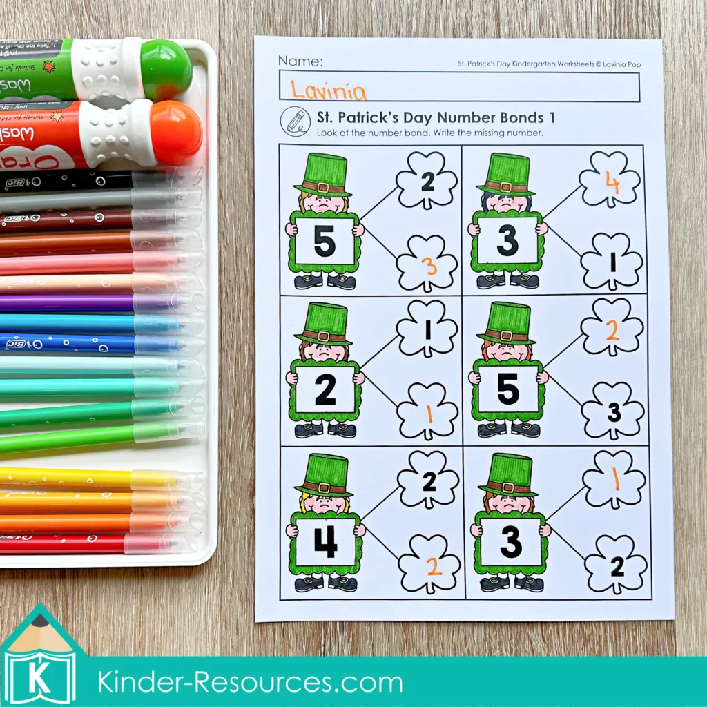 St. Patrick’s Day Kindergarten Worksheets and Activities No Prep number bonds worksheet where students write the missing number to complete addition bonds.