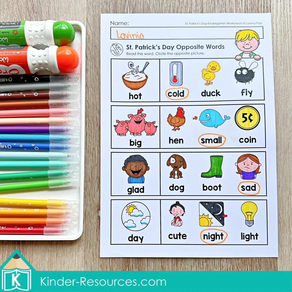 St. Patrick’s Day Kindergarten Worksheets and Activities No Prep opposite words worksheet where students circle the picture that shows the opposite meaning.