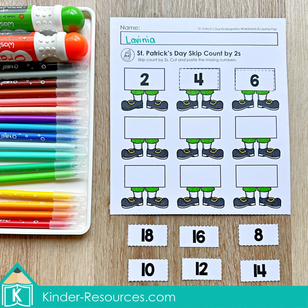 St. Patrick’s Day Kindergarten Worksheets and Activities No Prep skip counting by 2 worksheet with cut and paste missing numbers activity.