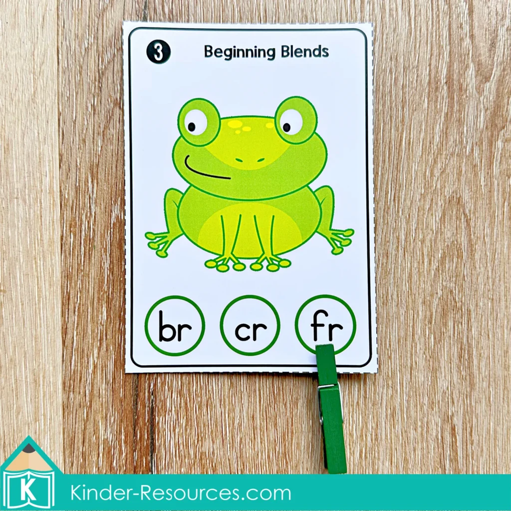 St. Patrick’s Day Literacy Centers for Kindergarten March Morning Tubs beginning blends clip cards with bl, cl, fl, br, cr, and fr picture word practice.