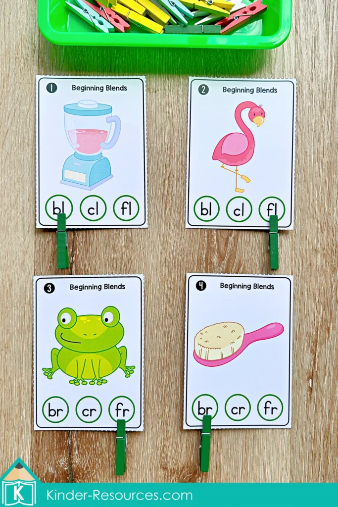 St. Patrick’s Day Literacy Centers for Kindergarten March Morning Tubs beginning blends clip cards with bl, cl, fl, br, cr, and fr picture word practice.