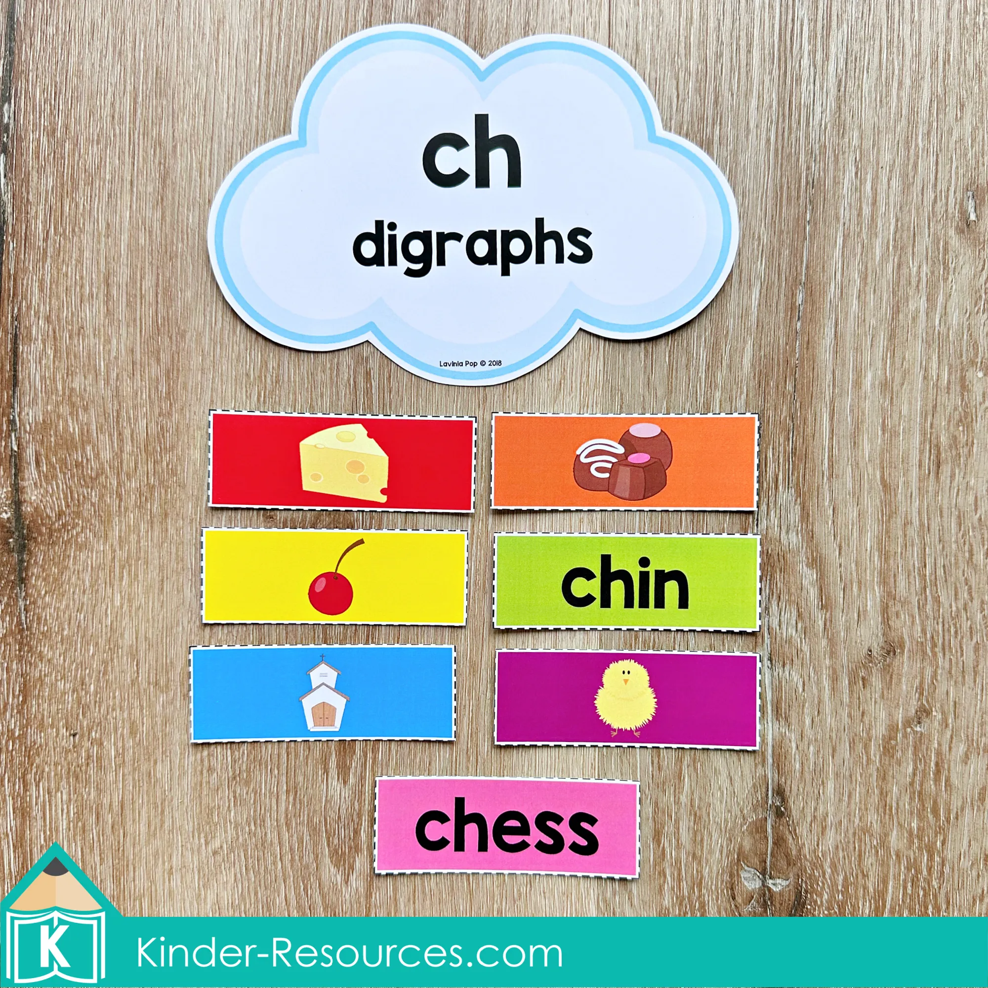 St. Patrick’s Day Literacy Centers for Kindergarten March Morning Tubs digraph sort with ch and sh word strips including chin, chess, ship, and shop.