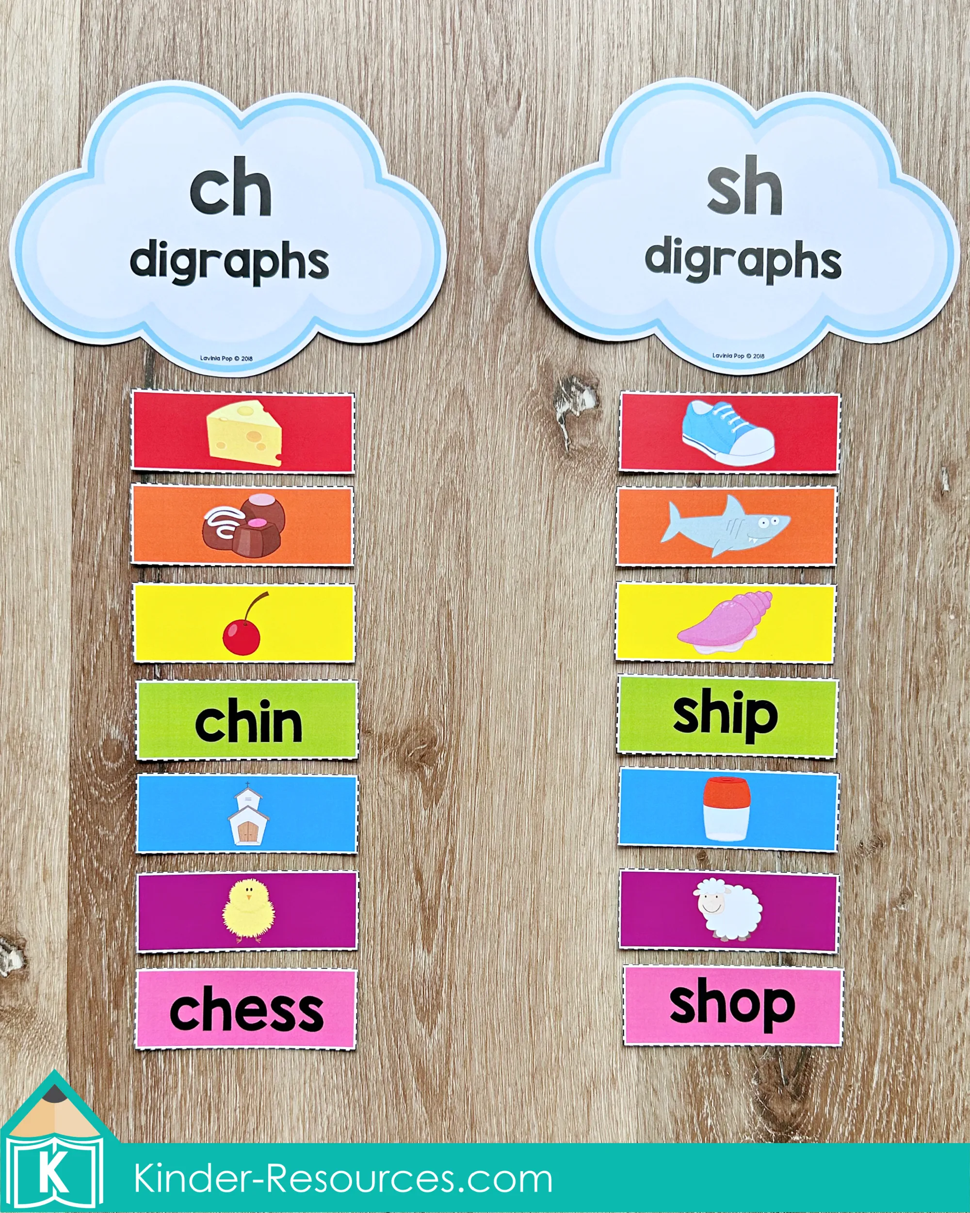 St. Patrick’s Day Literacy Centers for Kindergarten March Morning Tubs digraph sort with ch and sh word strips including chin, chess, ship, and shop.