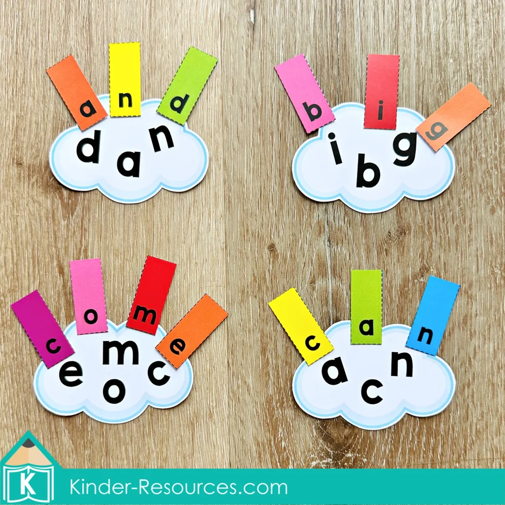 St. Patrick’s Day Literacy Centers for Kindergarten March Morning Tubs build the CVC word activity with letter strips forming words like dan, big, com, and can.