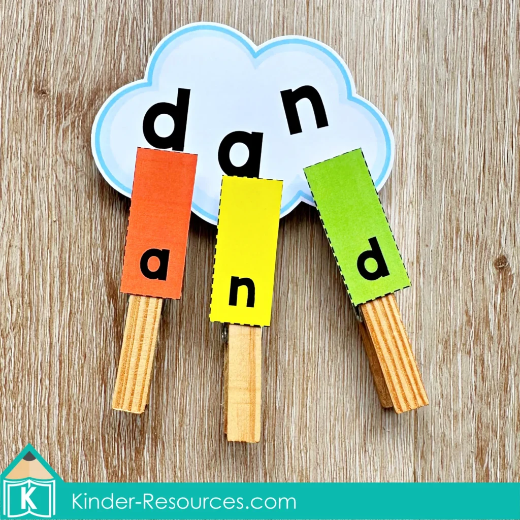 St. Patrick’s Day Literacy Centers for Kindergarten March Morning Tubs build the CVC word activity with letter strips forming words like dan, big, com, and can.