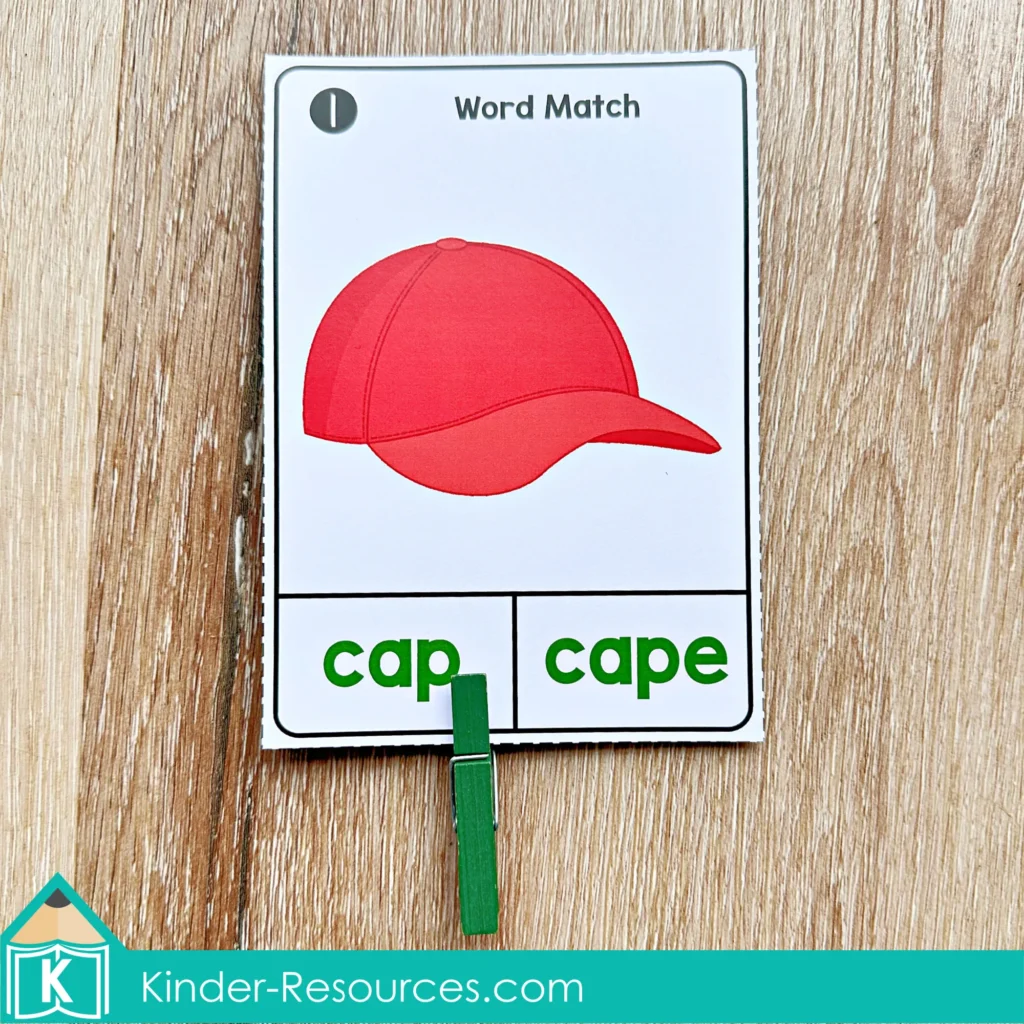 St. Patrick’s Day Literacy Centers for Kindergarten March Morning Tubs CVC and CVCe word match clip cards with cap and cape, cut and cute, mad and made, kit and kite.