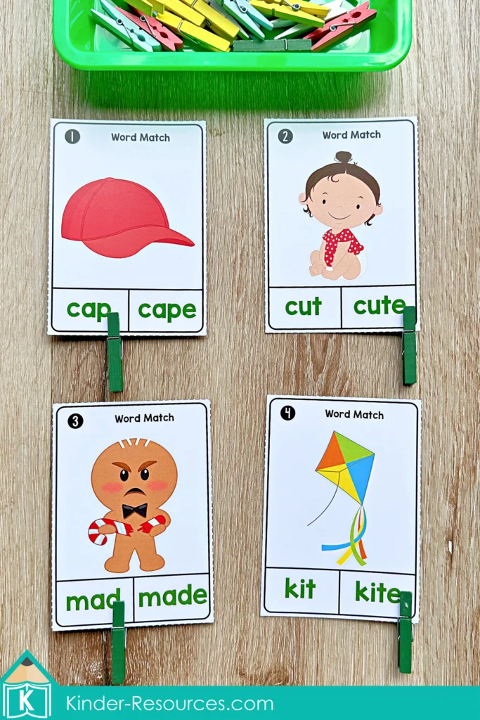 St. Patrick’s Day Literacy Centers for Kindergarten March Morning Tubs CVC and CVCe word match clip cards with cap and cape, cut and cute, mad and made, kit and kite.