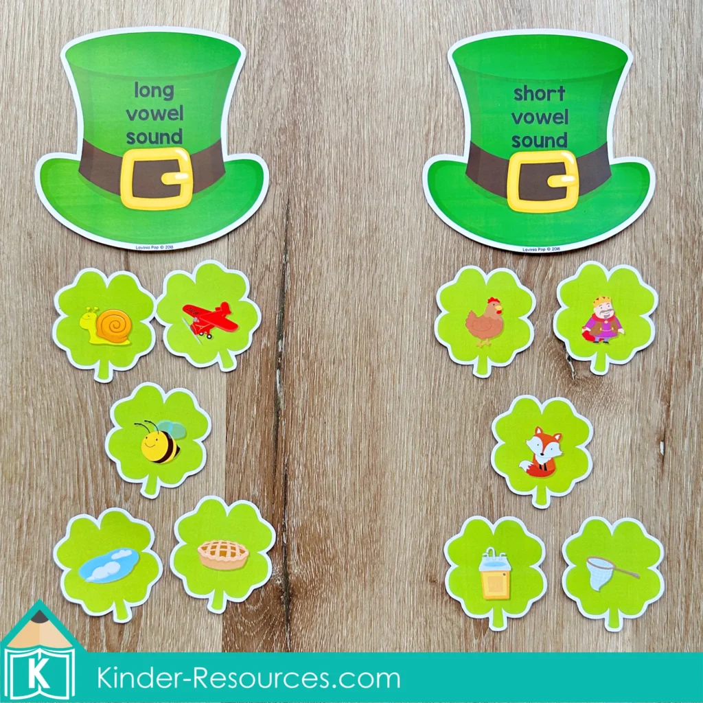 St. Patrick’s Day Literacy Centers for Kindergarten March Morning Tubs long and short vowel word sort with green hat mats and shamrock picture cards.