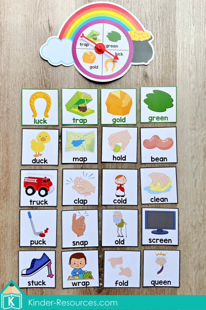 St. Patrick’s Day Literacy Centers for Kindergarten March Morning Tubs spin and rhyme activity with word cards like luck, trap, gold, green, duck, map, and truck.