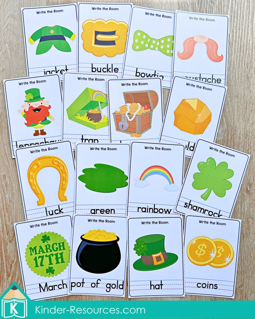 St. Patrick’s Day Literacy Centers for Kindergarten March Morning Tubs write the room cards with themed vocabulary like rainbow, shamrock, hat, coins, and pot of gold.