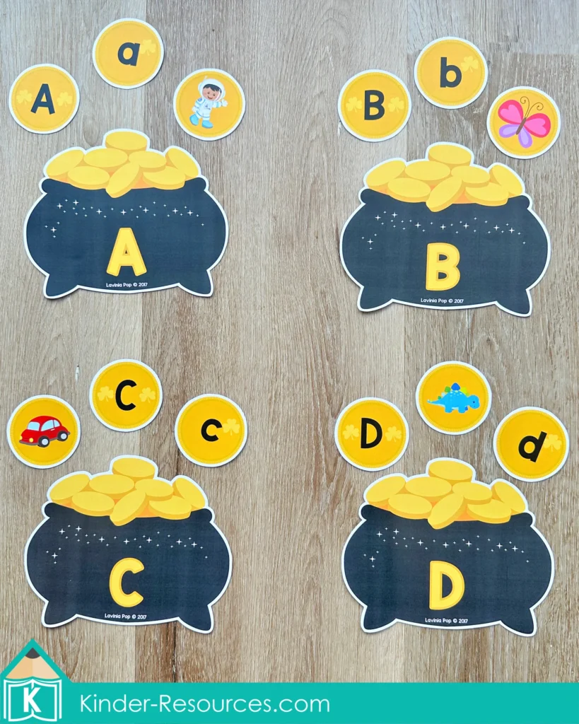 St. Patrick’s Day Centers for Preschool Morning Tubs / Bins beginning sounds matching pots of gold uppercase lowercase letter picture activity