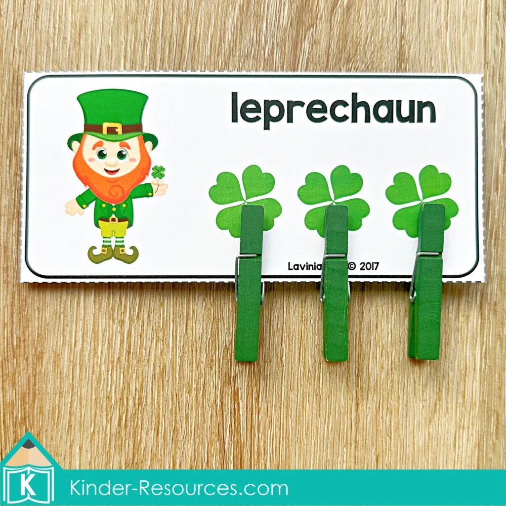 St. Patrick’s Day Centers for Preschool Morning Tubs / Bins leprechaun syllable counting activity with clothespins preschool literacy center