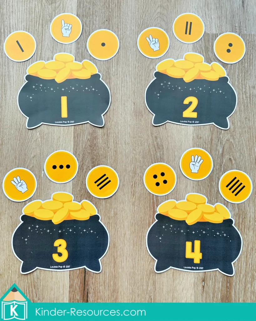 St. Patrick’s Day Centers for Preschool Morning Tubs / Bins number matching pots of gold counting number representation preschool math center