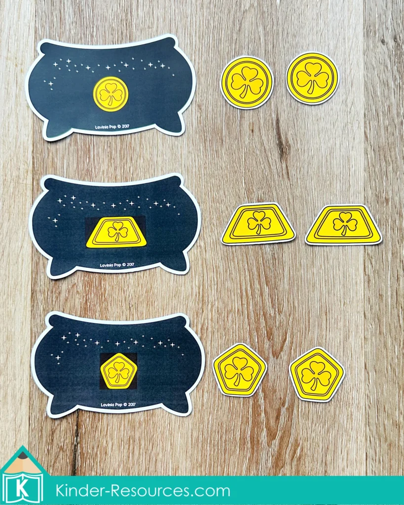 St. Patrick’s Day Centers for Preschool Morning Tubs / Bins 2D shapes matching gold coin shapes pots of gold preschool math center