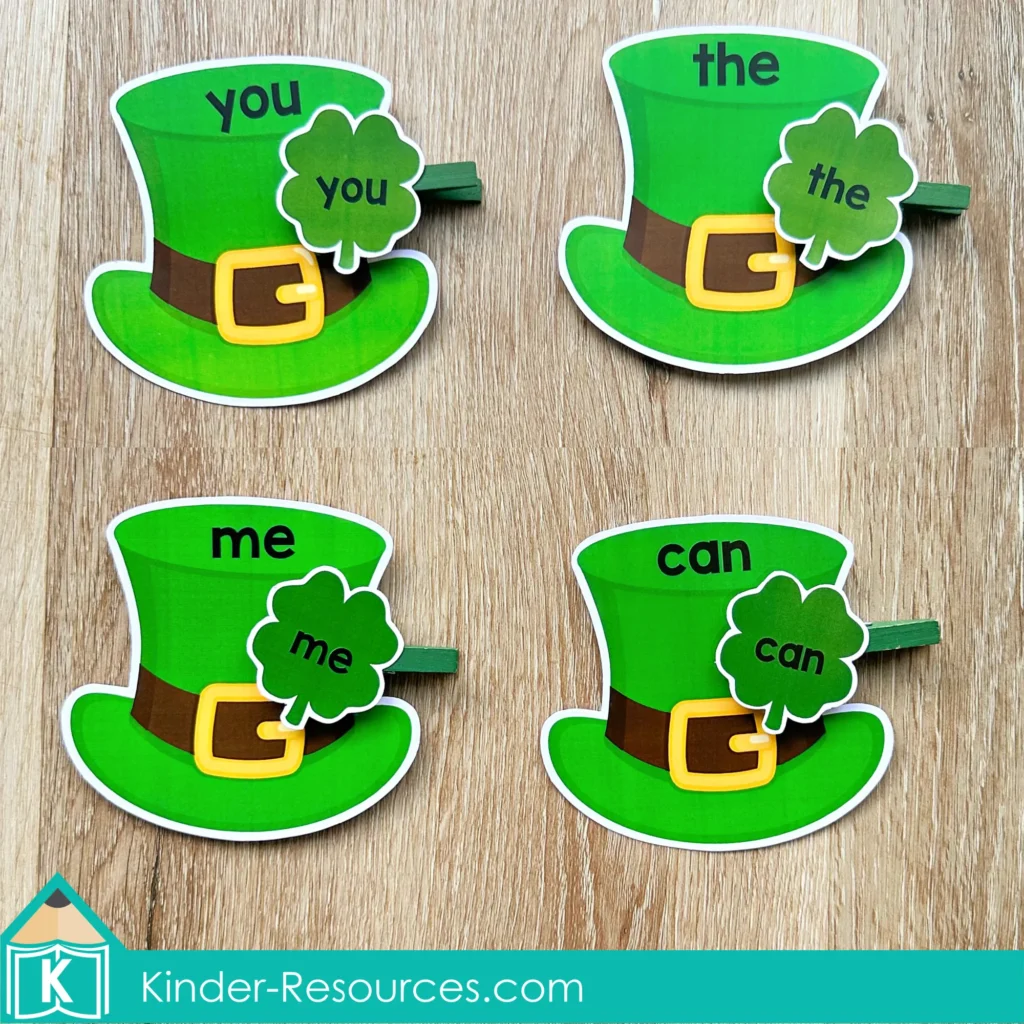 St. Patrick’s Day Centers for Preschool Morning Tubs / Bins sight word matching activity with leprechaun hats and shamrocks preschool literacy center
