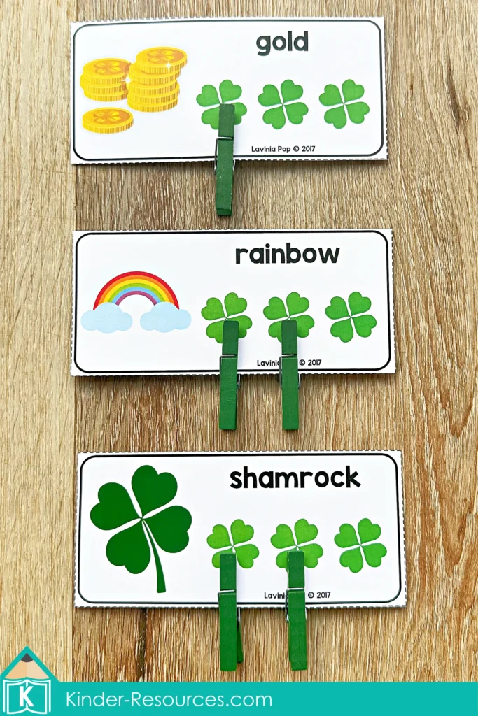 St. Patrick’s Day Centers for Preschool Morning Tubs / Bins syllable counting clip cards shamrock rainbow gold preschool literacy center