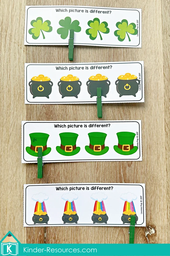 St. Patrick’s Day Centers for Preschool Morning Tubs / Bins visual discrimination clip cards which picture is different preschool center activity