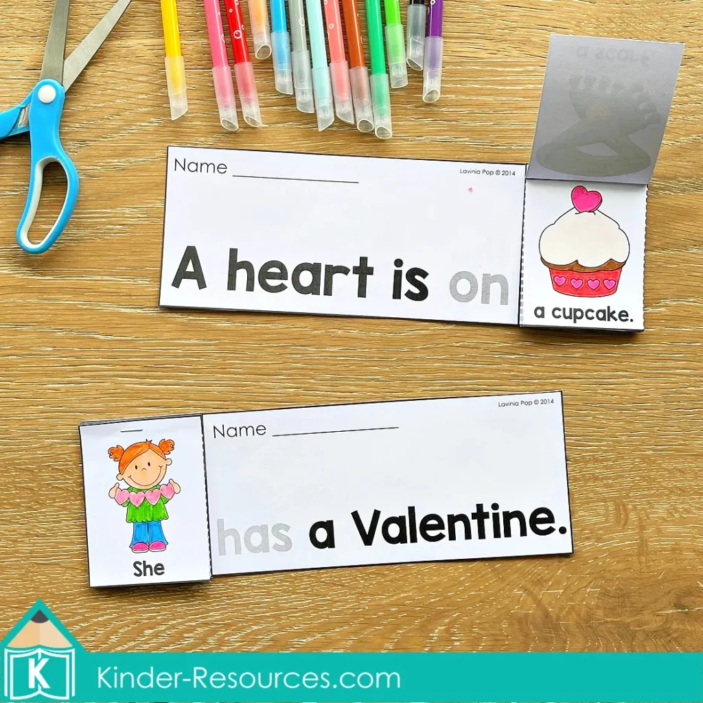 Valentine’s Day Sight Word Fluency Flip Books assembled into small readers with predictable sentences and Valentine themed pictures